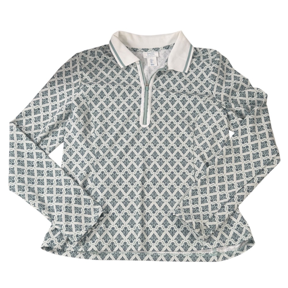 Sigrid Olsen Golf & Tennis Womens Large Quarter Zip Long Sleeve Polo Green Print